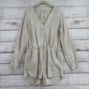 cloth & stone Snake Print Romper Women's M Tan Beige Faux Wrap Tencel Linen
